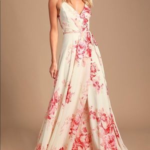 Lulus Floral Formal Maxi Wrap Dress - Elegantly Inclined Cream and Pink